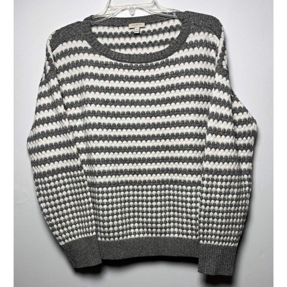 Talbots Women’s M Gray/White Striped Knit Crew Neck Long Sleeve Pullover Sweater